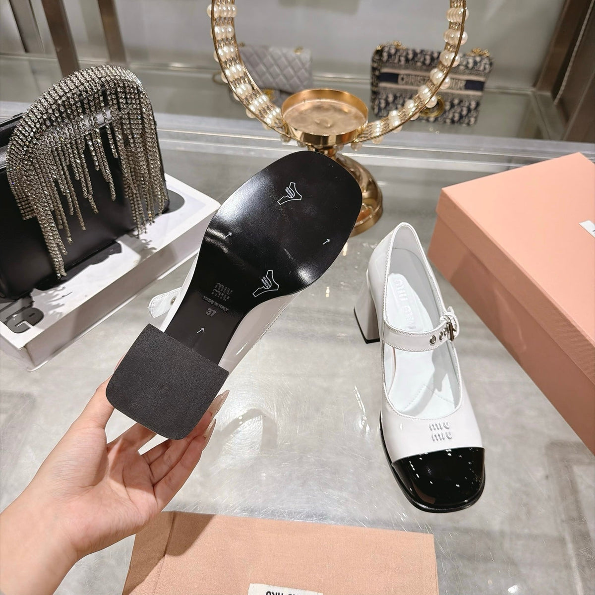 Miu Miu FW26 Two-Tone Mary Jane Pumps 75mm White Black Patent 190483