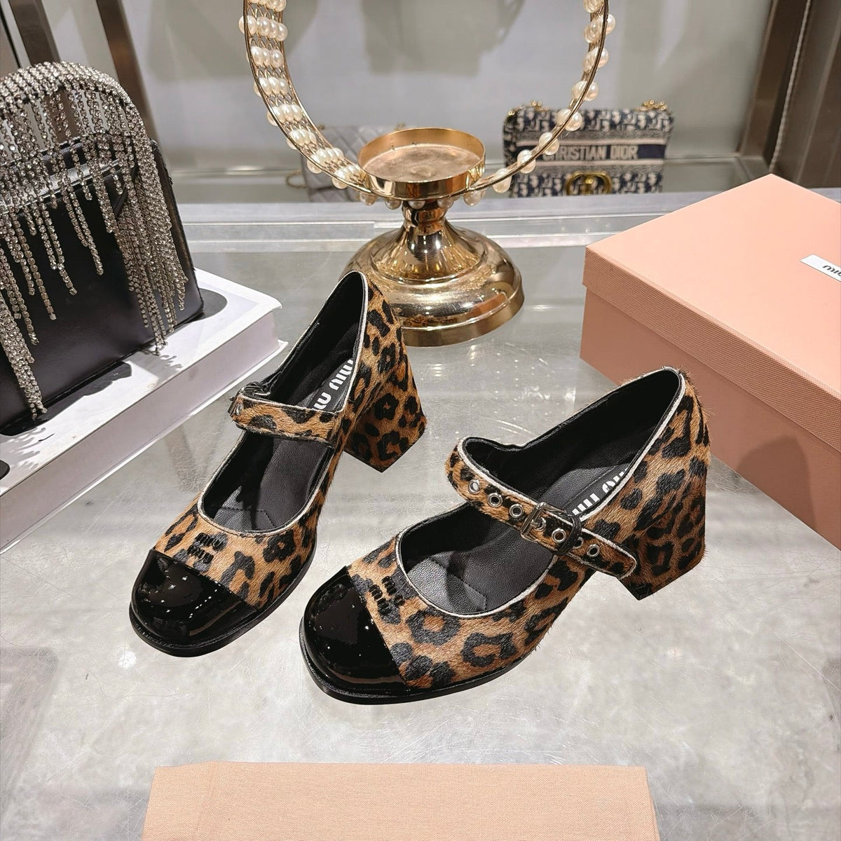 Miu Miu FW26 Two-Tone Mary Jane Pumps 75mm Leopard Pony Hair Black Patent 190485