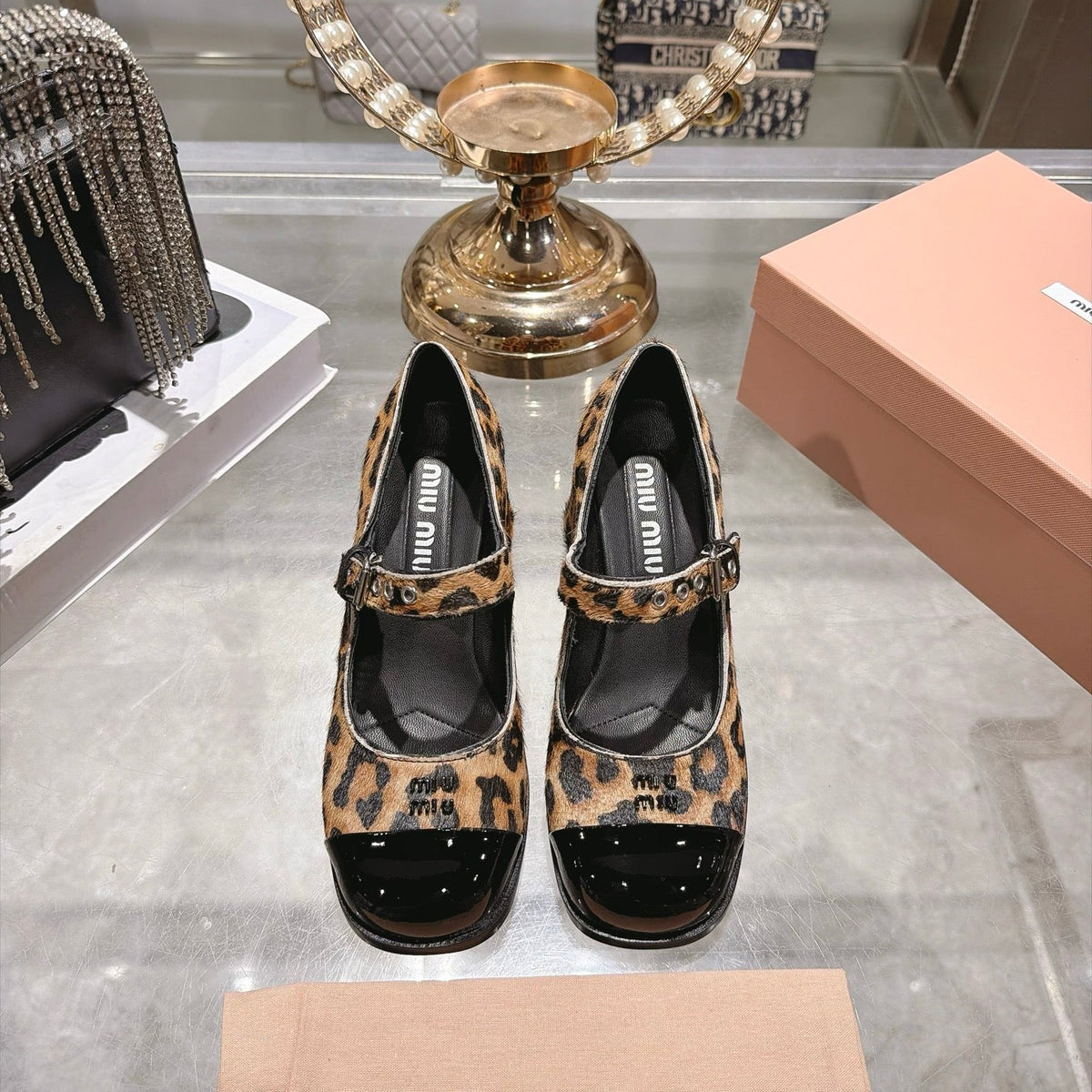 Miu Miu FW26 Two-Tone Mary Jane Pumps 75mm Leopard Pony Hair Black Patent 190485
