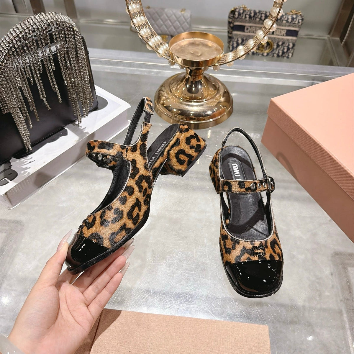 Miu Miu FW26 Two-Tone Mary Jane Slingback Sandals 45mm Leopard Pony Hair Black Patent 190486
