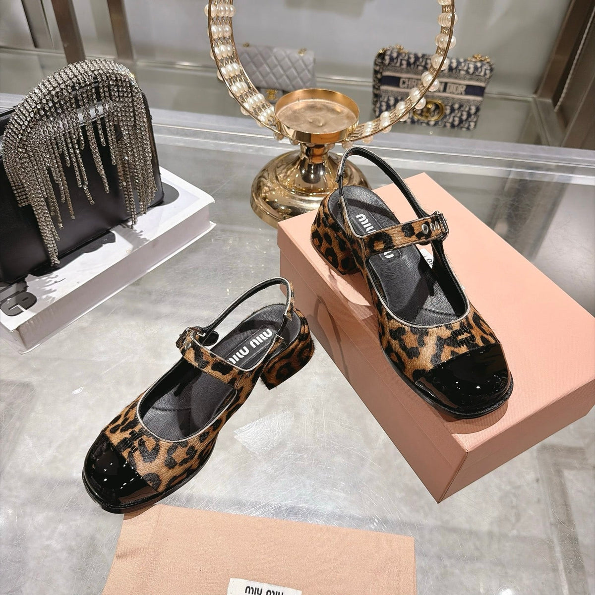Miu Miu FW26 Two-Tone Mary Jane Slingback Sandals 45mm Leopard Pony Hair Black Patent 190486