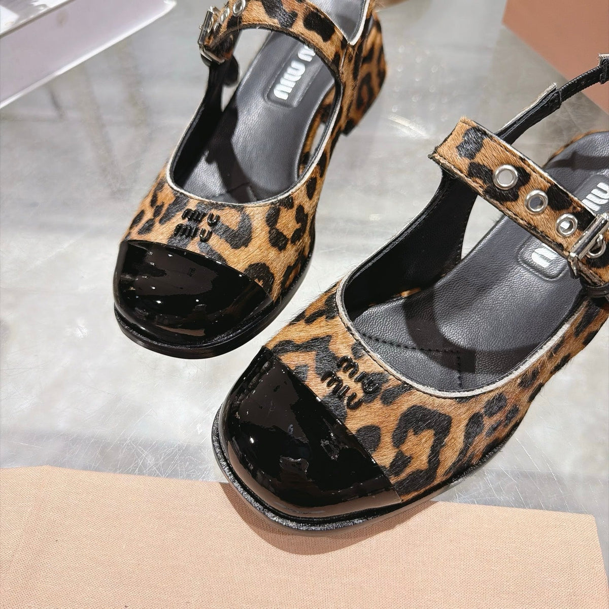 Miu Miu FW26 Two-Tone Mary Jane Slingback Sandals 45mm Leopard Pony Hair Black Patent 190486