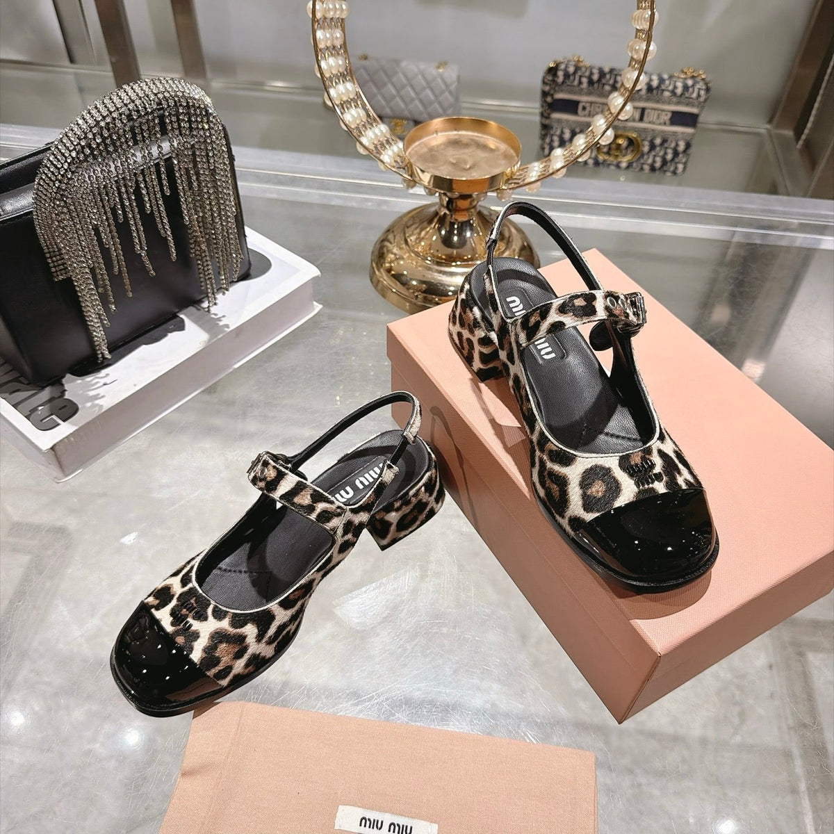 Miu Miu FW26 Two-Tone Mary Jane Slingback Sandals 45mm Leopard Pony Hair Black Patent 190487