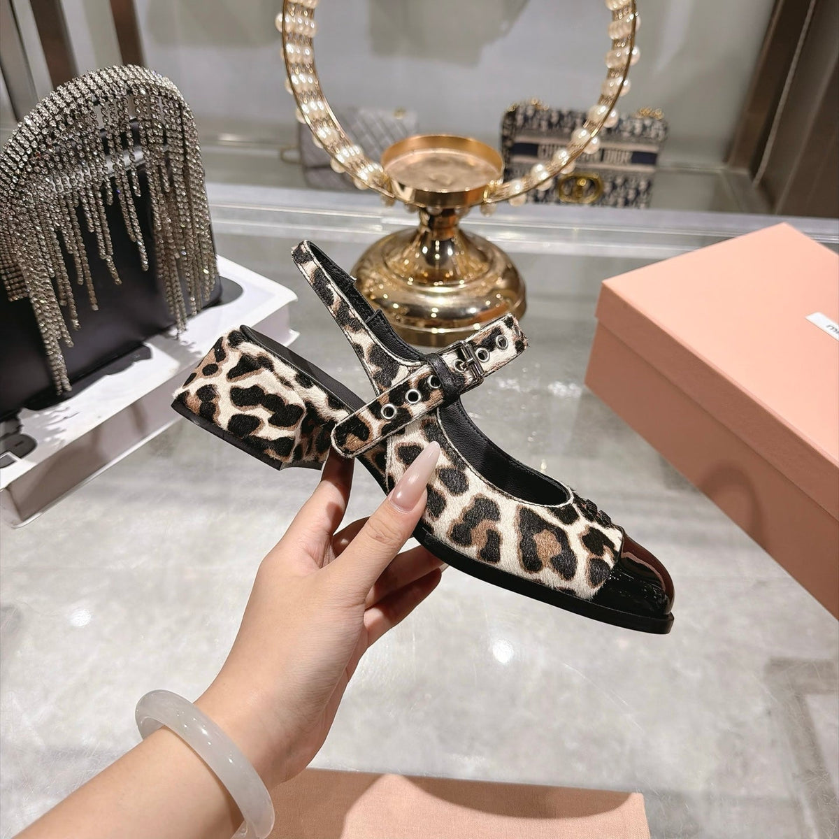Miu Miu FW26 Two-Tone Mary Jane Slingback Sandals 45mm Leopard Pony Hair Black Patent 190487