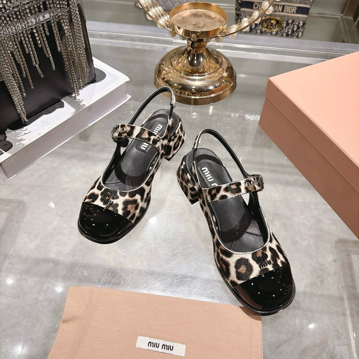 Miu Miu FW26 Two-Tone Mary Jane Slingback Sandals 45mm Leopard Pony Hair Black Patent 190487