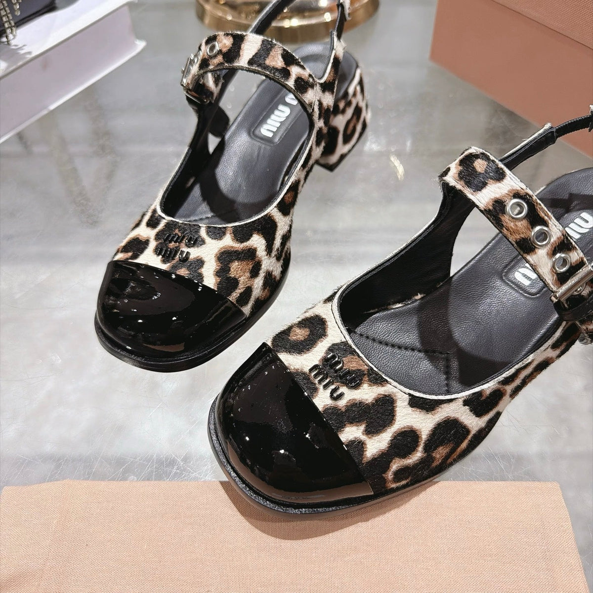 Miu Miu FW26 Two-Tone Mary Jane Slingback Sandals 45mm Leopard Pony Hair Black Patent 190487