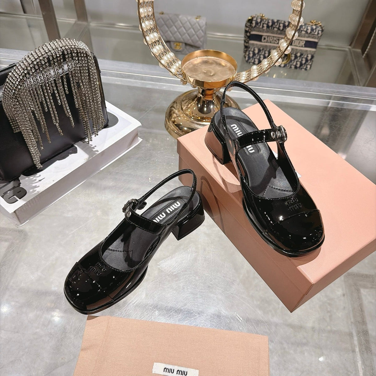 Miu Miu FW26 Mary Jane Slingback Sandals 45mm Black Patent 190489
