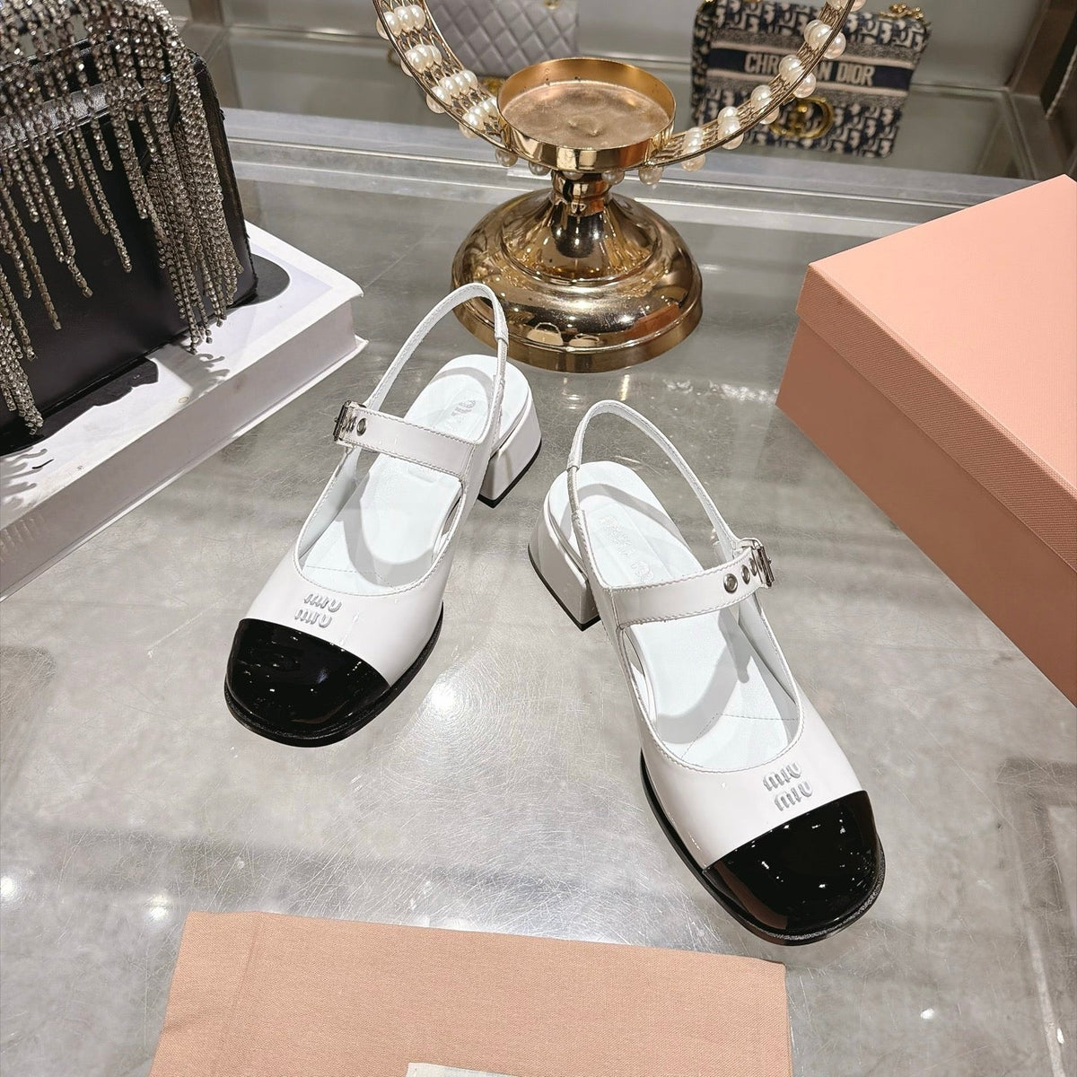 Miu Miu FW26 Mary Jane Slingback Sandals 45mm White Black Patent 190490