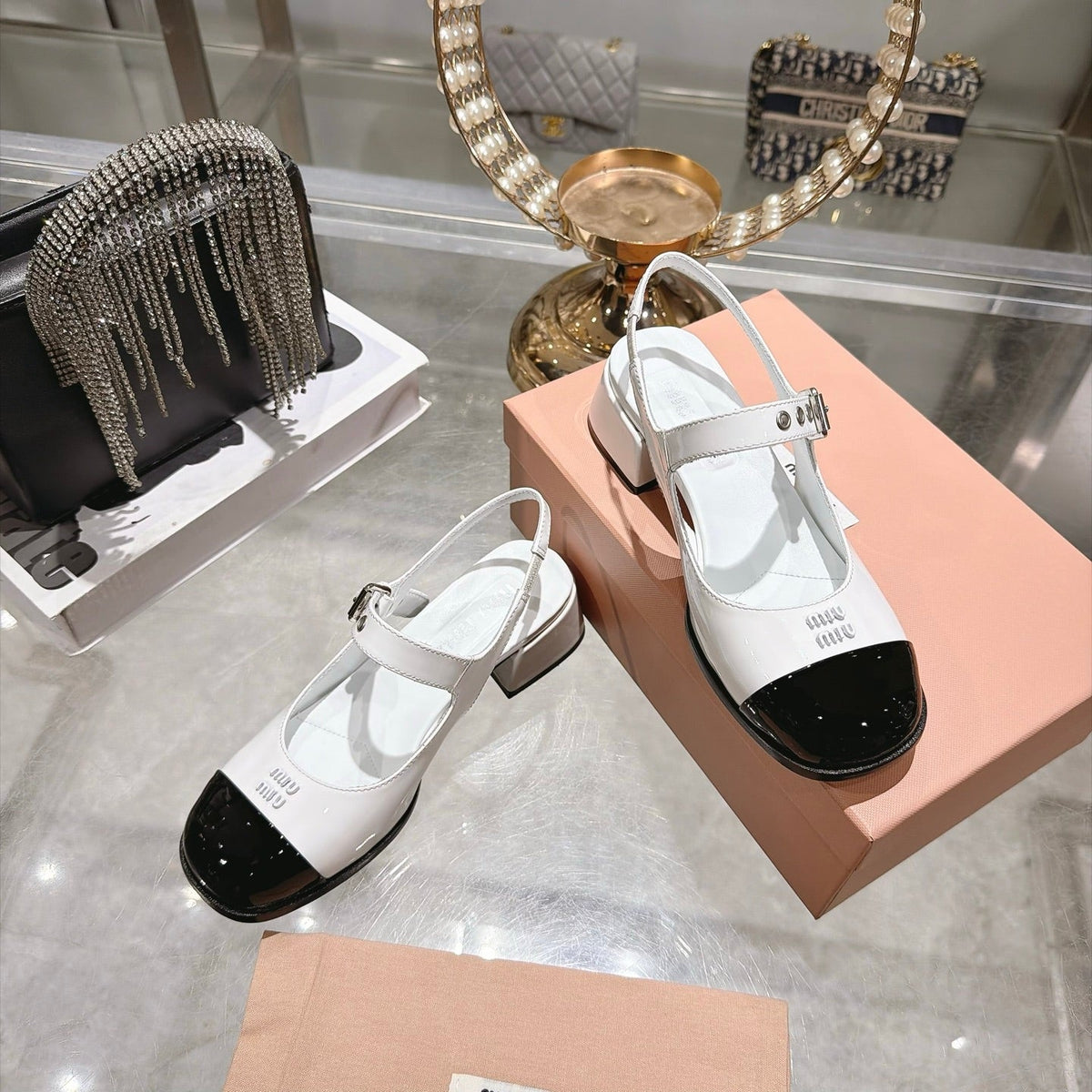 Miu Miu FW26 Mary Jane Slingback Sandals 45mm White Black Patent 190490