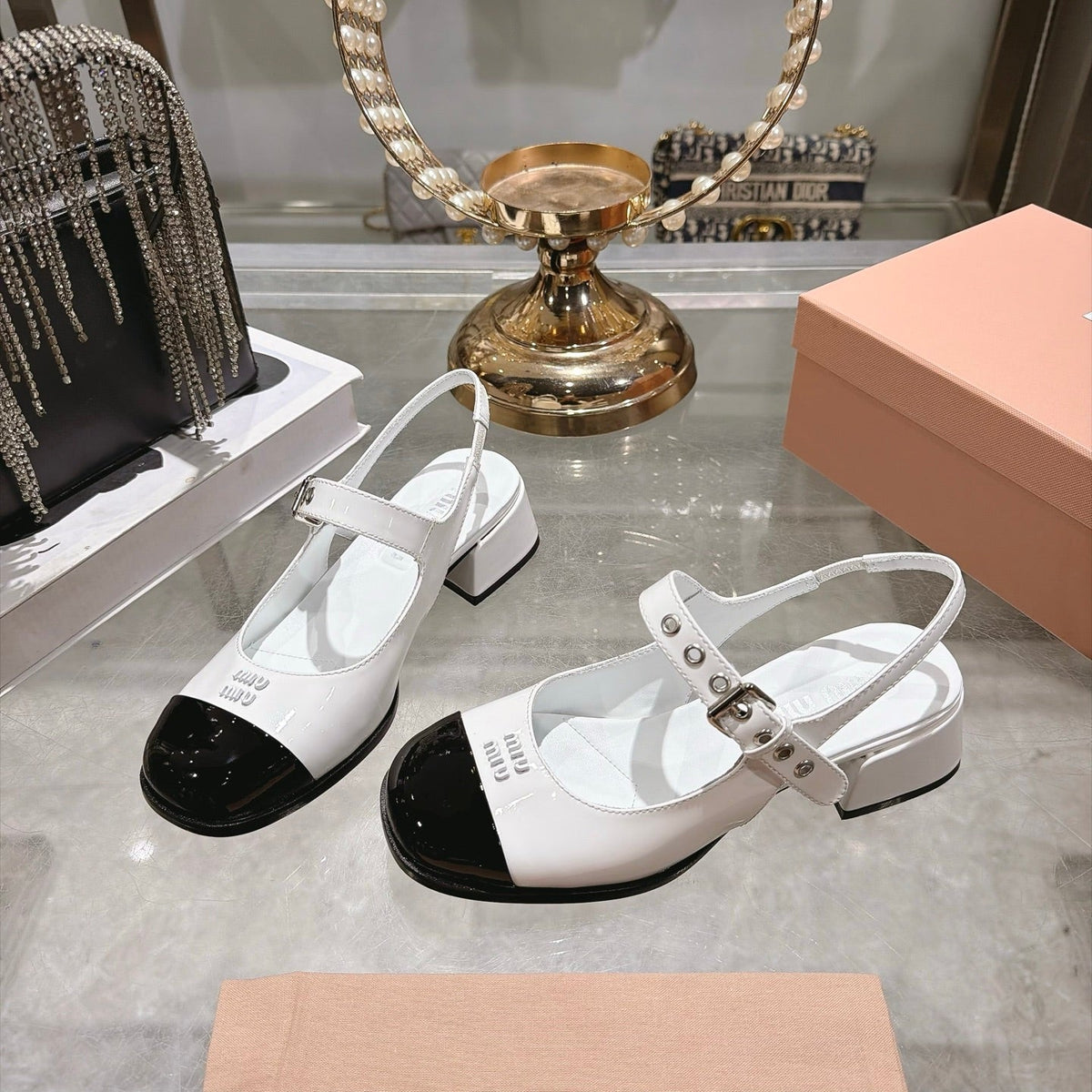 Miu Miu FW26 Mary Jane Slingback Sandals 45mm White Black Patent 190490