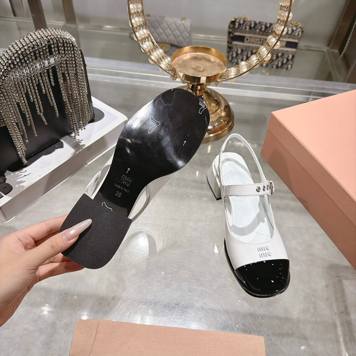 Miu Miu FW26 Mary Jane Slingback Sandals 45mm White Black Patent 190490