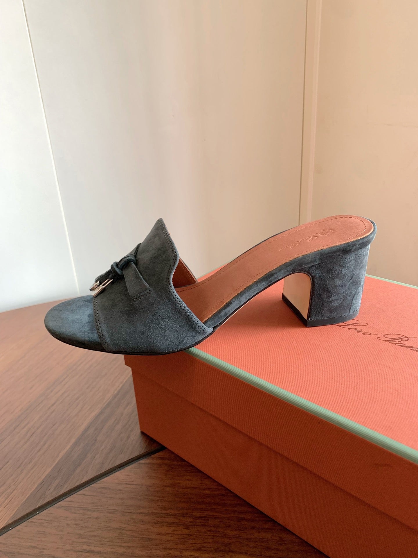LP 26s Summer Mule Heels 60mm In Dark Grey Suede Gold Hardware