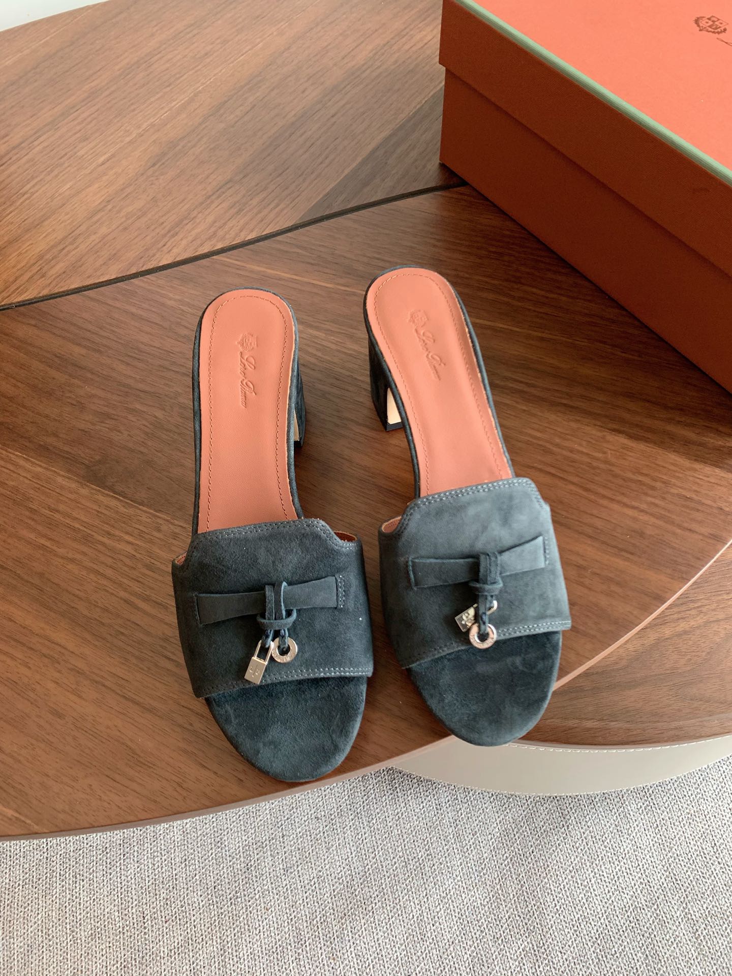 LP 26s Summer Mule Heels 60mm In Dark Grey Suede Gold Hardware