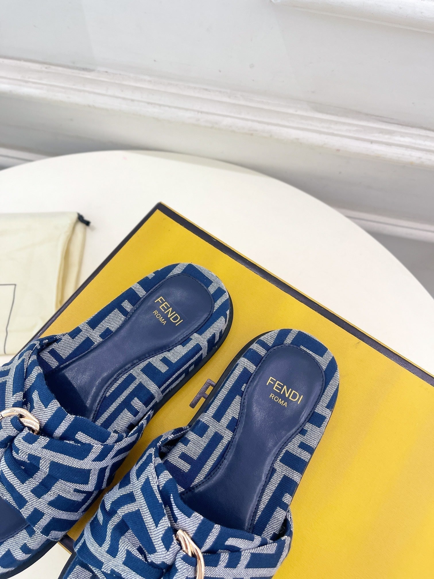 FENDI FLAT SLIPPER IN NAVY BLUE MONOGRAM JACQUARD FABRIC WITH GOLD HARDWARE