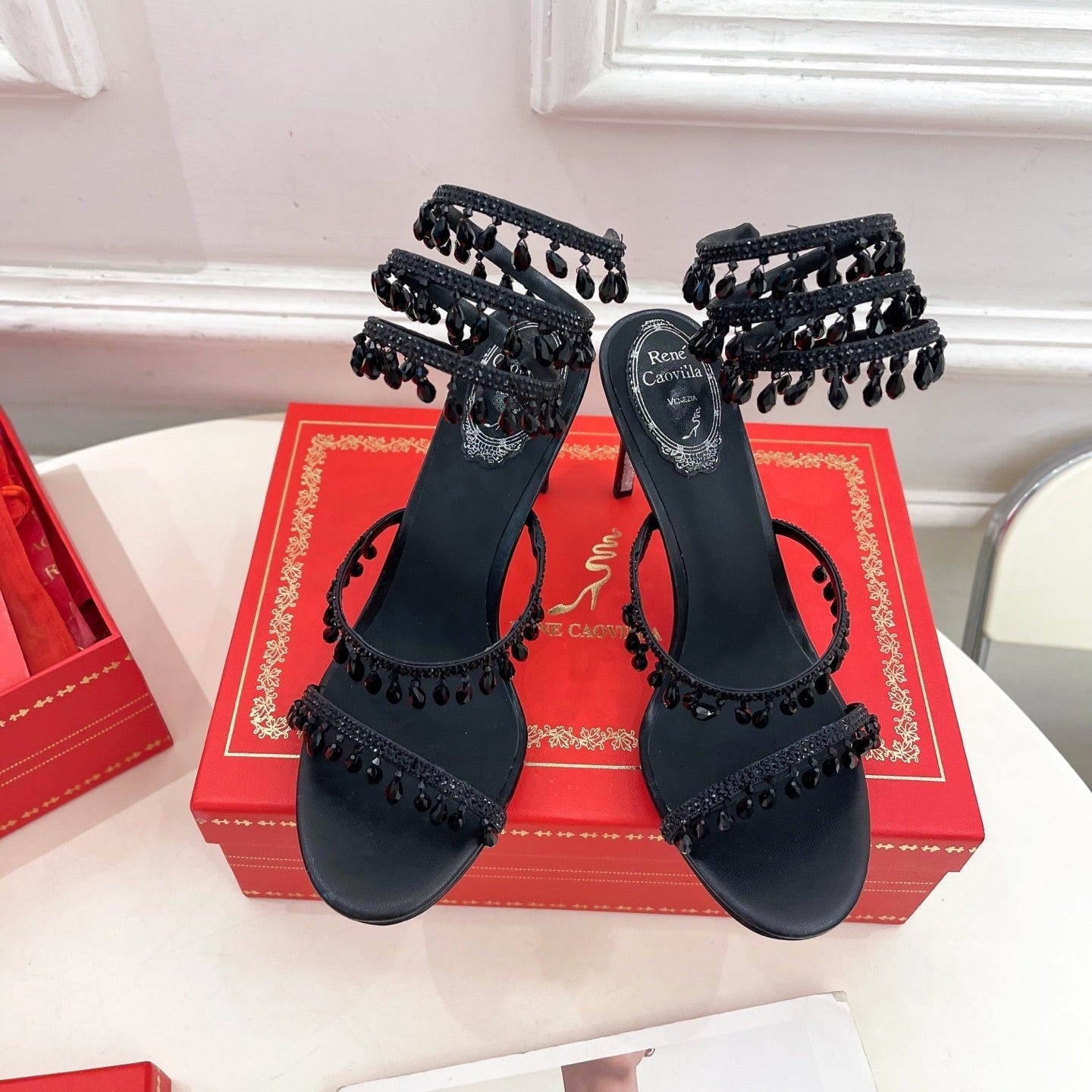 RC 25 Crystal Tassel High-Heeled Sandals Black Silk Crystal Diamond 253539