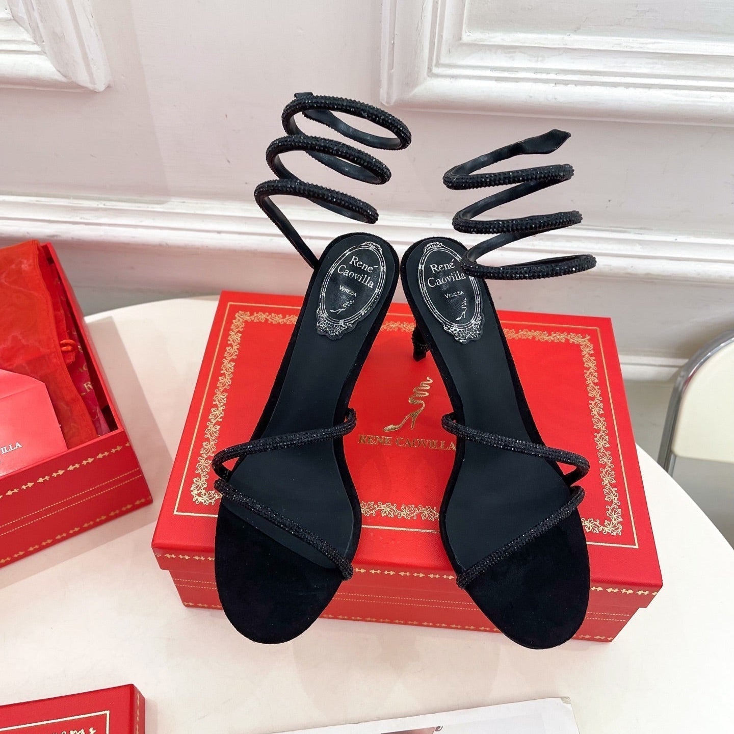 RC 25 Crystal Diamond Snake-Shaped High-Heeled Black Silk Rhinestones 253542