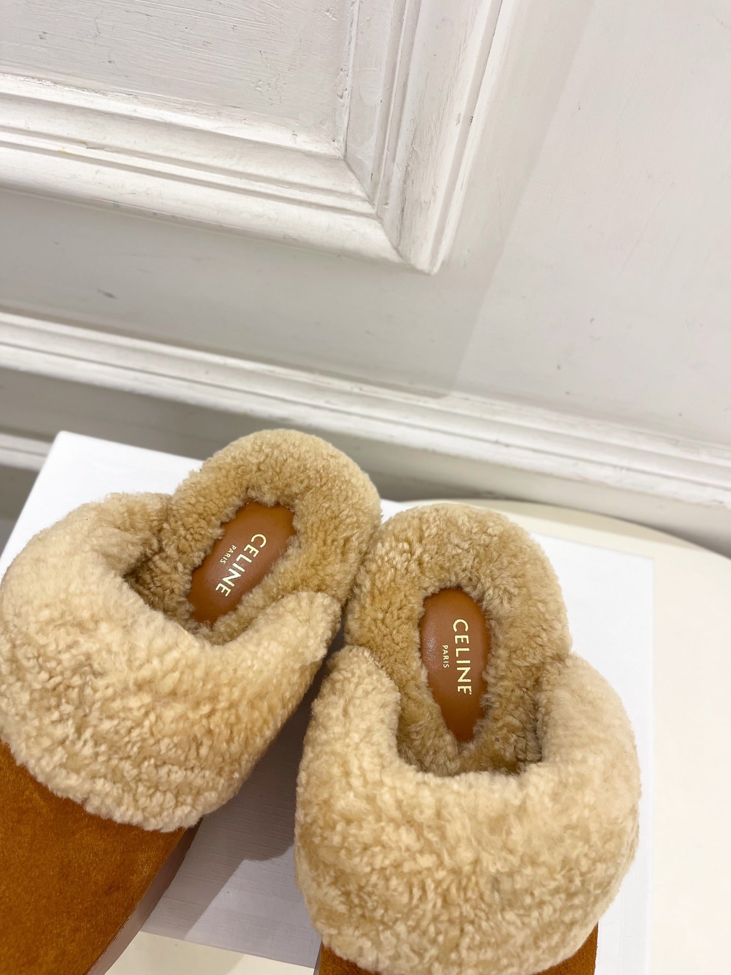 CL 25s Dana Wedge Mule 80mm Brown Beige Suede Calfskin & Shearling