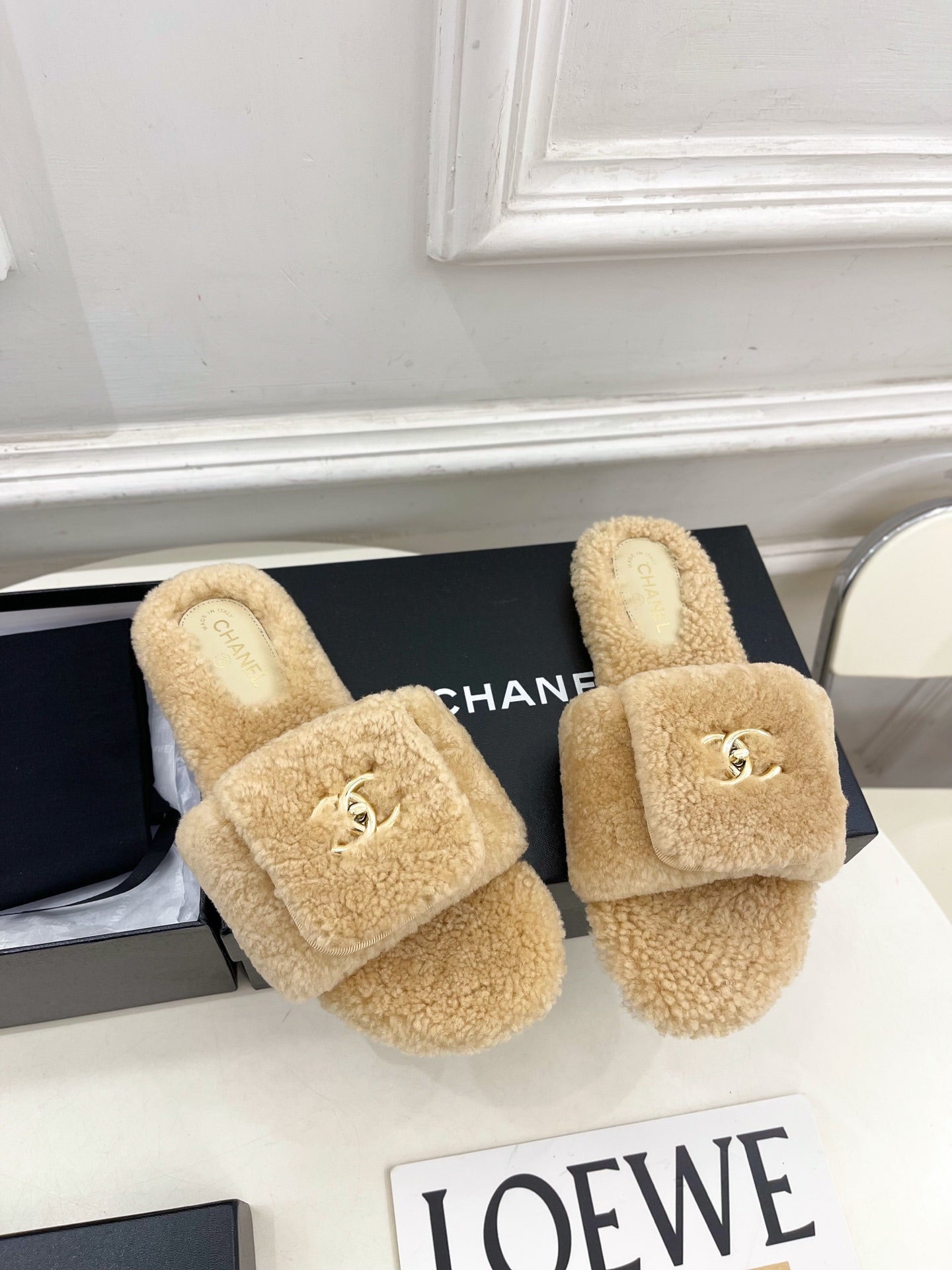 CC 25s Logo Slippers Beige Wool GHW 435268