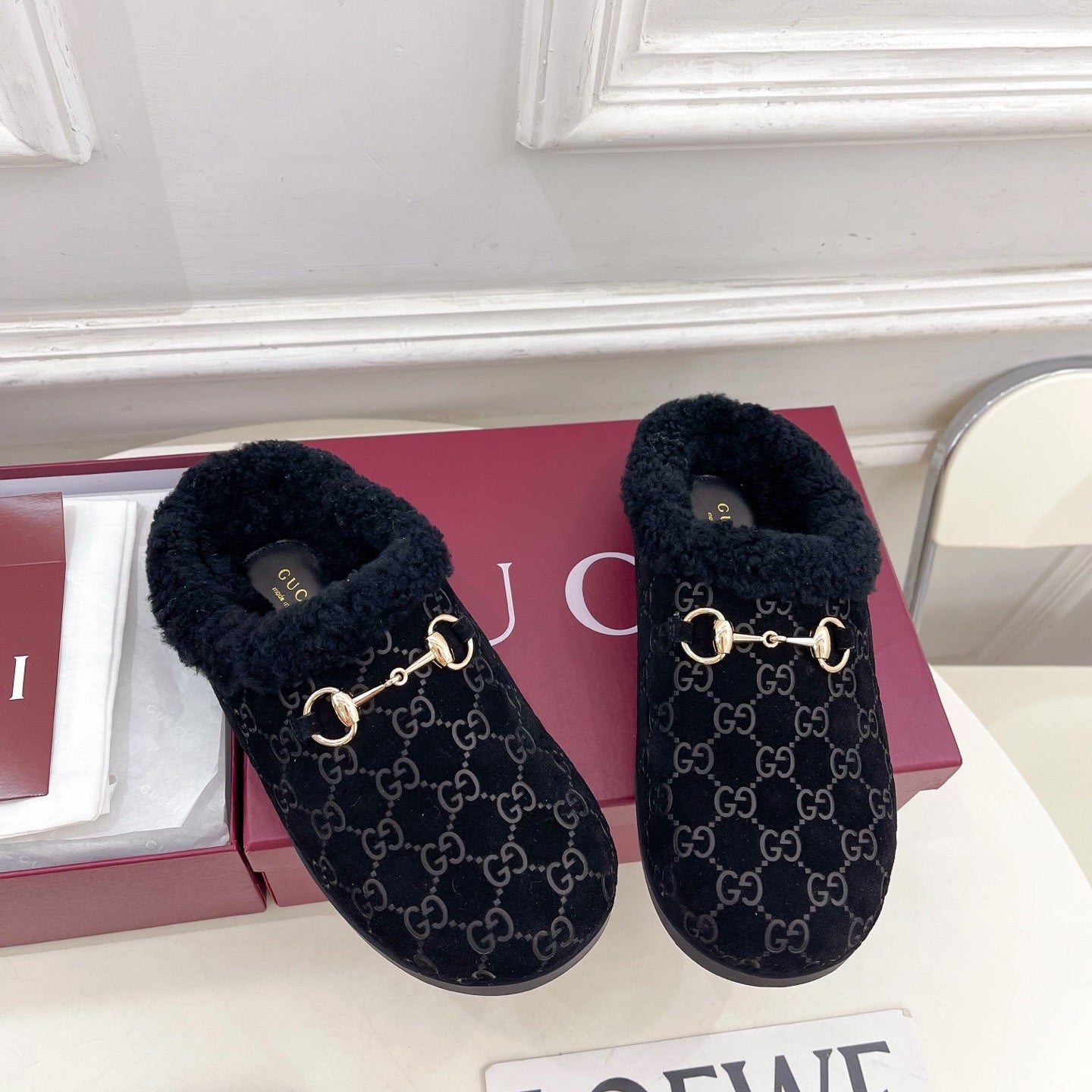 GG Horsebit Embossed Mule Black Suede And Wool 536050