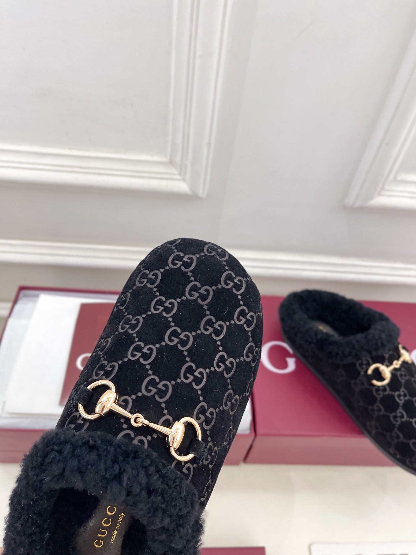 GG Horsebit Embossed Mule Black Suede And Wool 536050