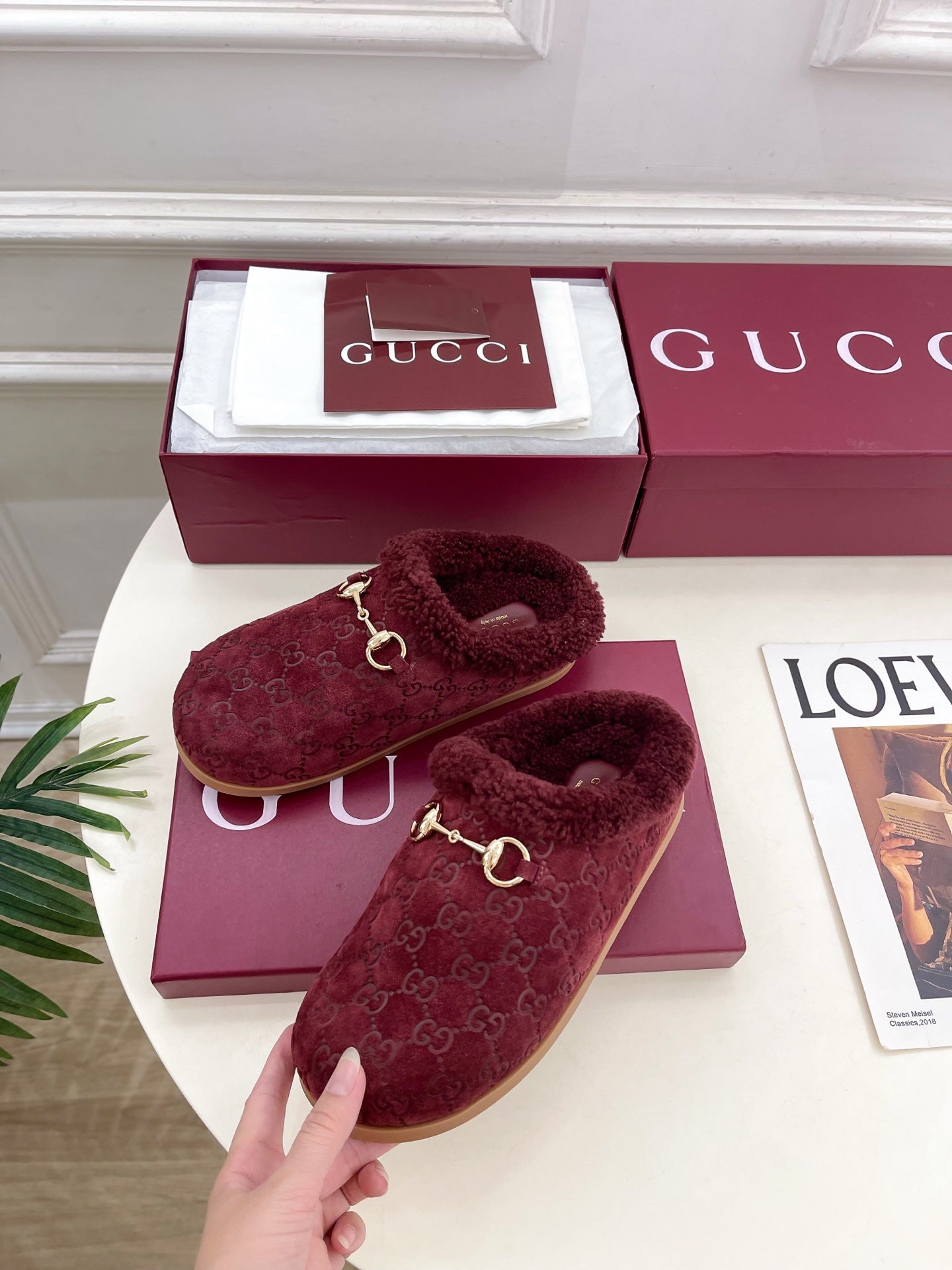 GG Horsebit Embossed Mule Red Suede And Wool 536051