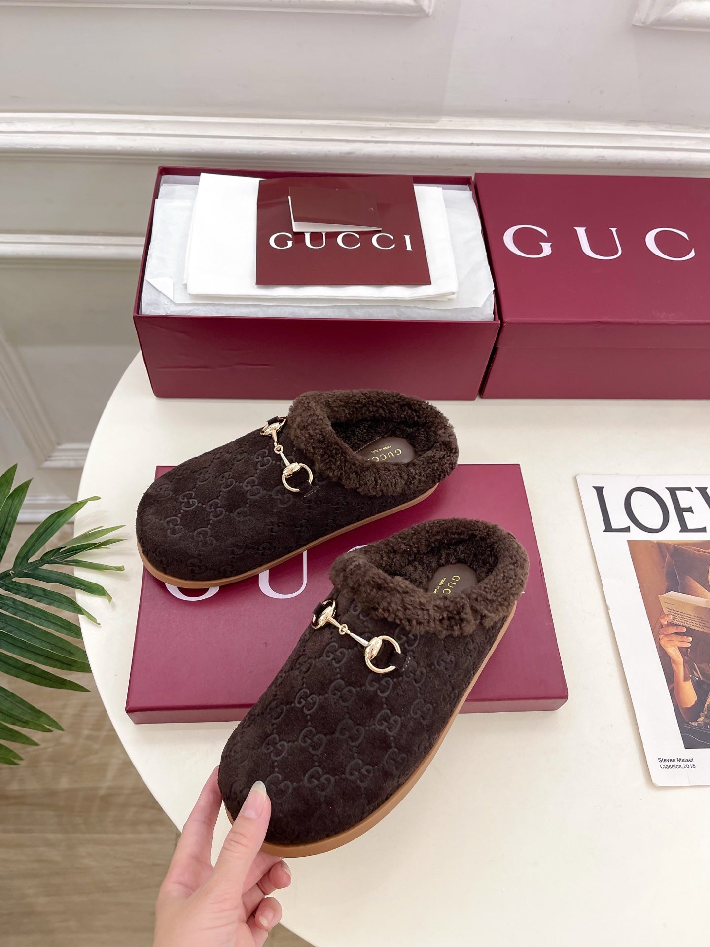 GG Horsebit Embossed Mule Dark Brown Suede And Wool 536052