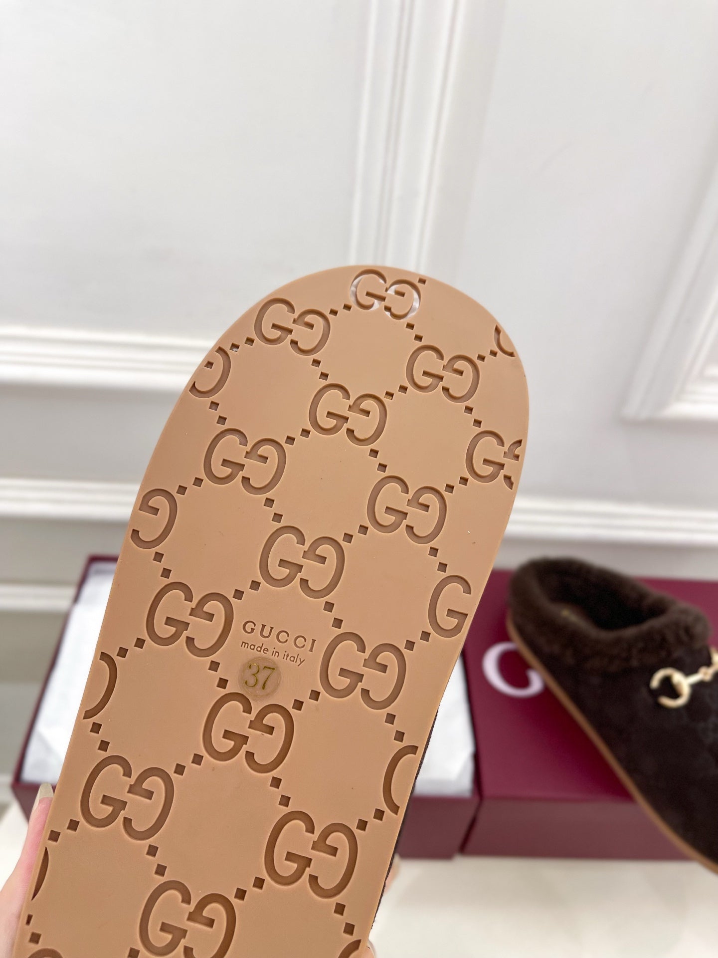 GG Horsebit Embossed Mule Dark Brown Suede And Wool 536052