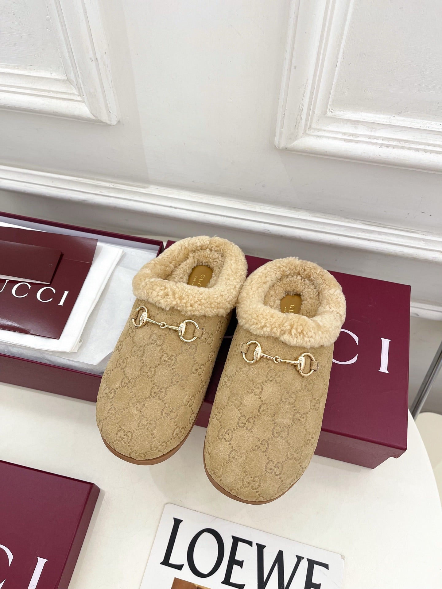 GG Horsebit Embossed Mule Beige Suede And Wool 536053