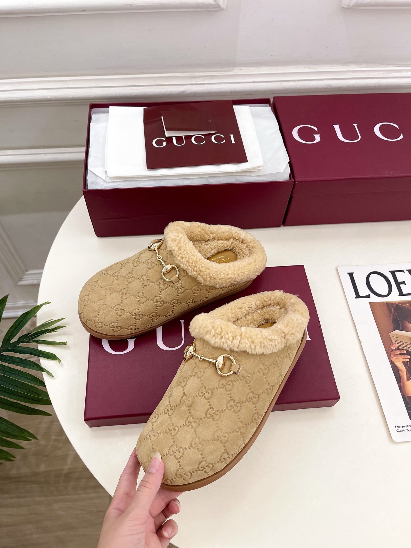 GG Horsebit Embossed Mule Beige Suede And Wool 536053