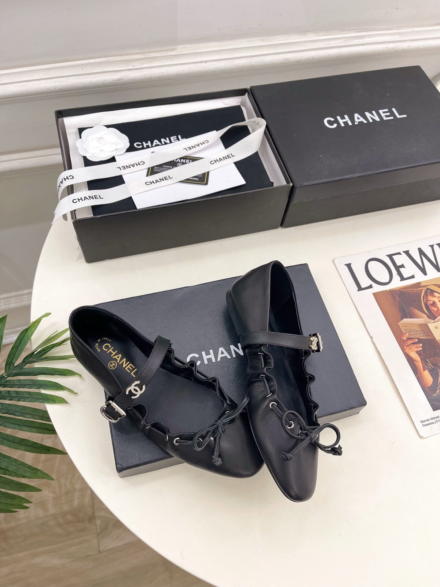 CC 26 SS Ruffled Bow Mary Jane Flats Black Calfskin 586928