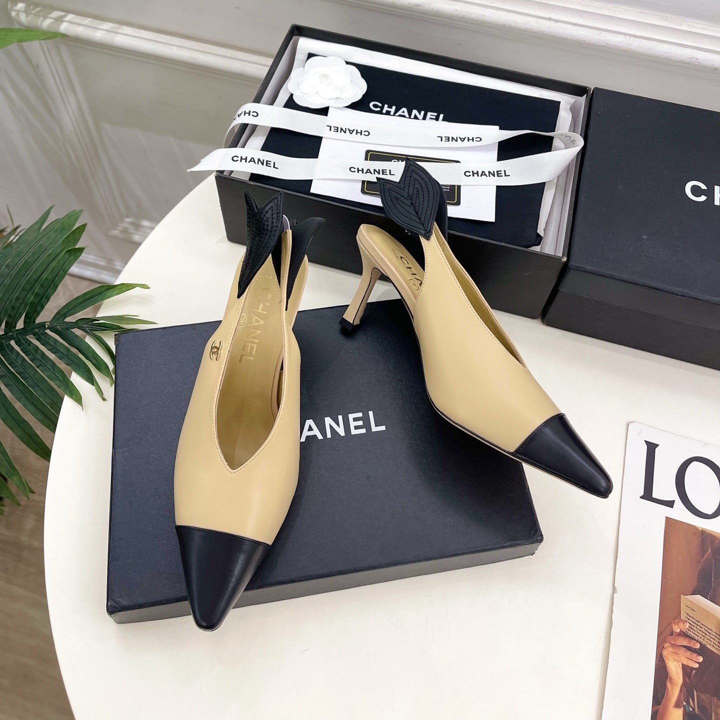 CC 26 SS Open-Back Sandals 7.5cm Beige Black Calfskin 586933