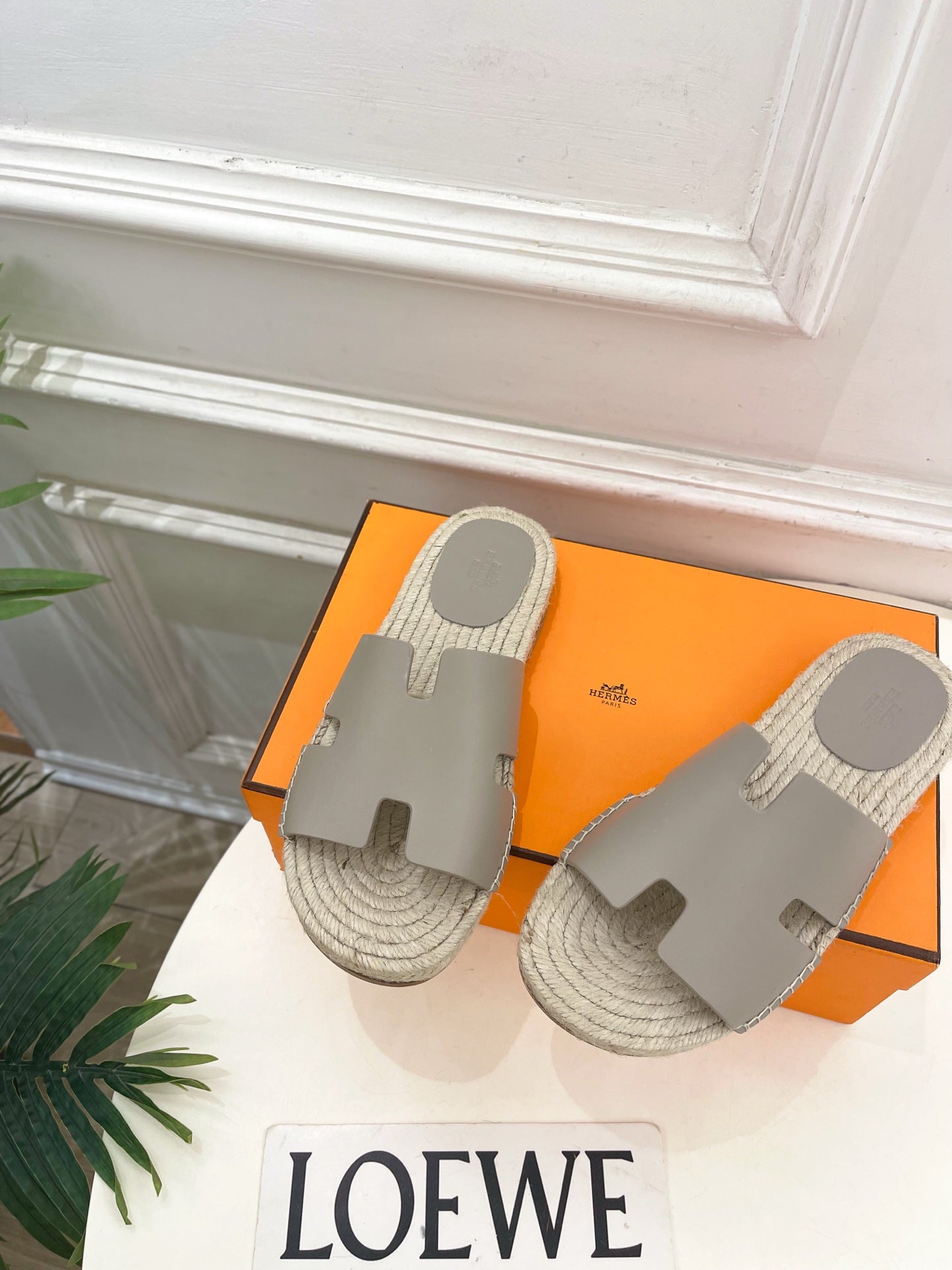 HM Antigua Espadrille Grey Leather Raffia 631945