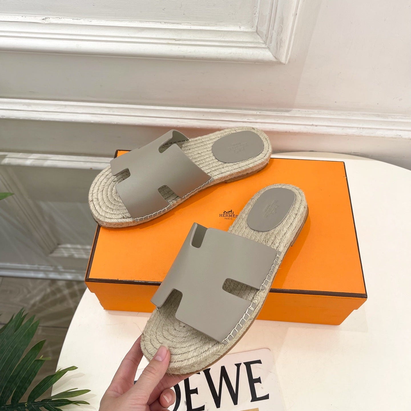 HM Antigua Espadrille Grey Leather Raffia 631945