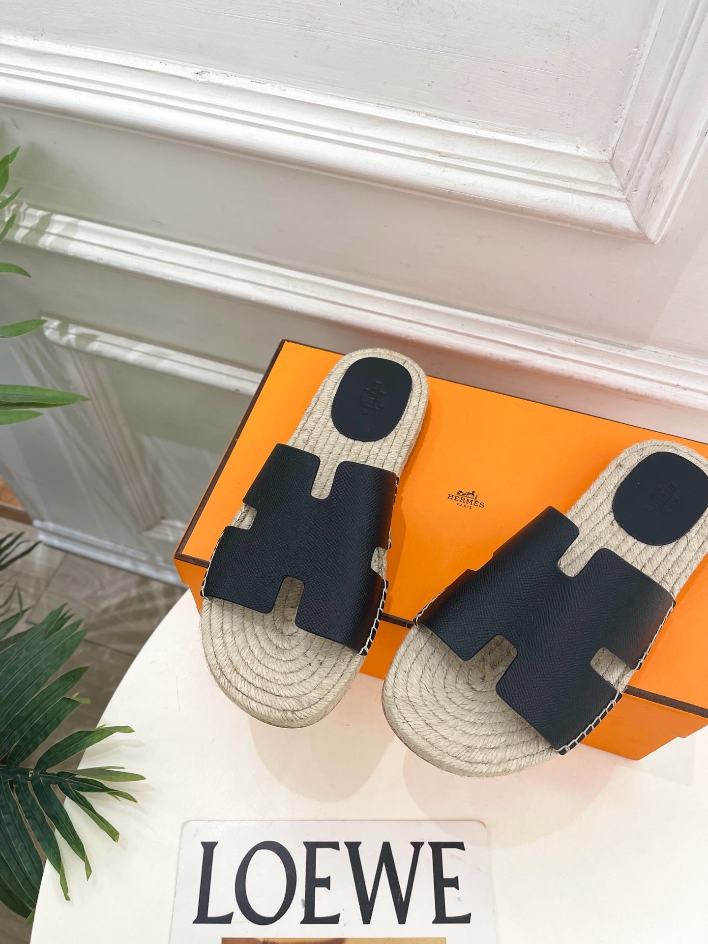 HM Antigua Espadrille Black Leather Raffia 631947