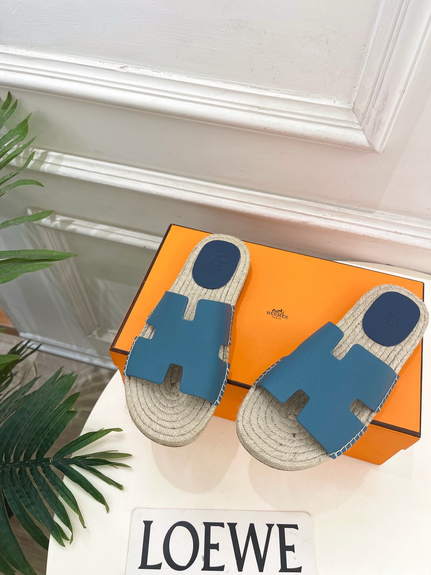 HM Antigua Espadrille Blue Leather Raffia 631950