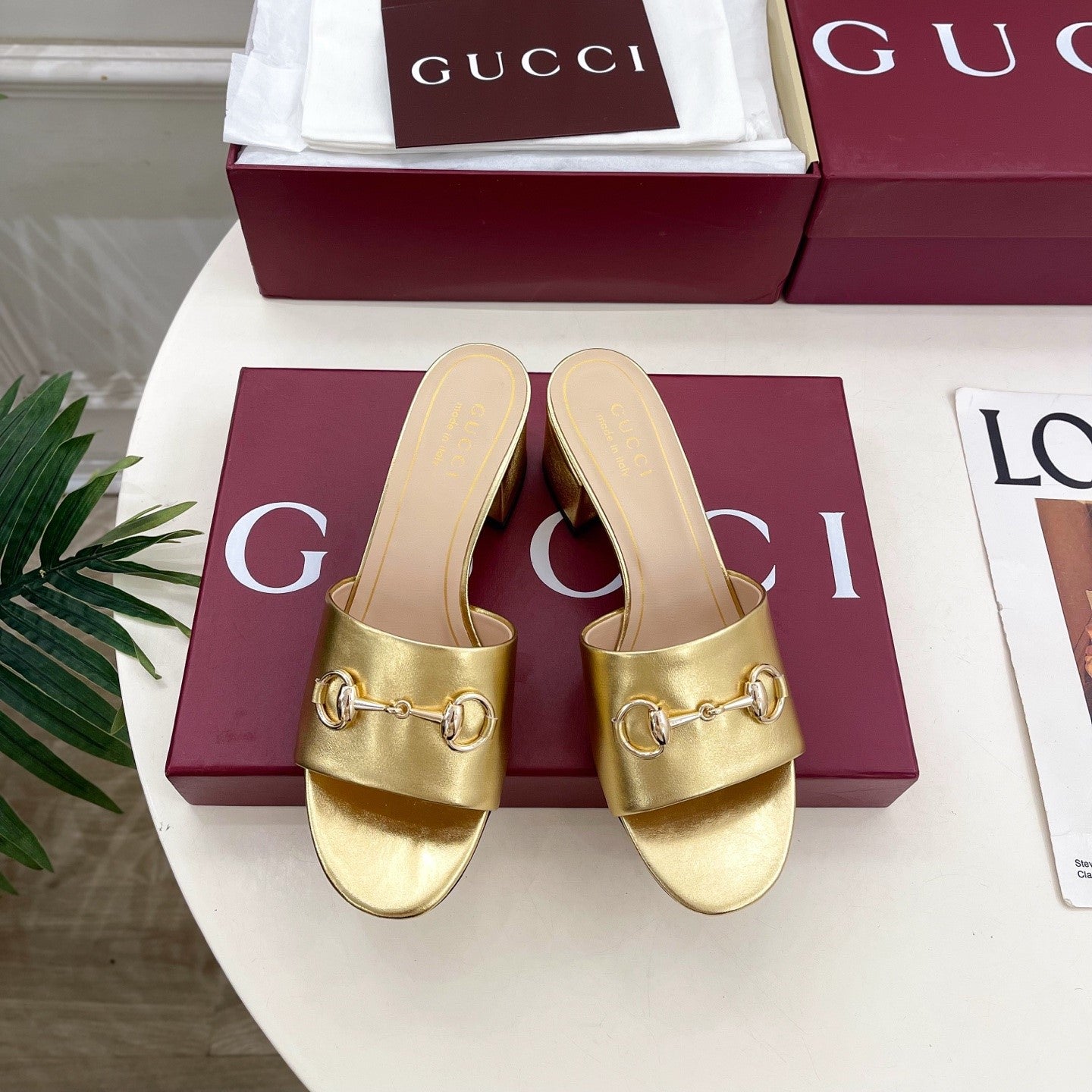 GG 26s Slide Sandal 5.5cm With Horsebit Gold Leather 640295