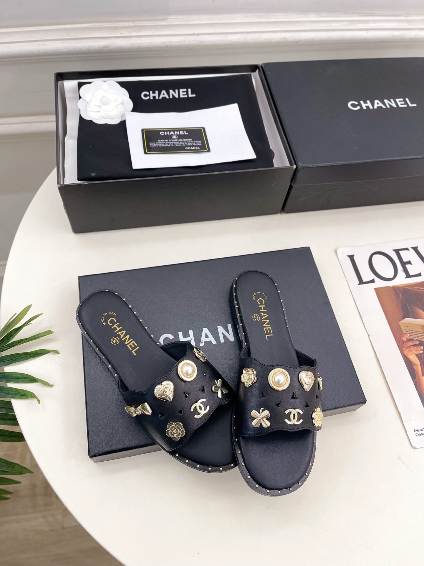 Chanel 26s Flat Sandals Black Lambskin Charm-Decorated