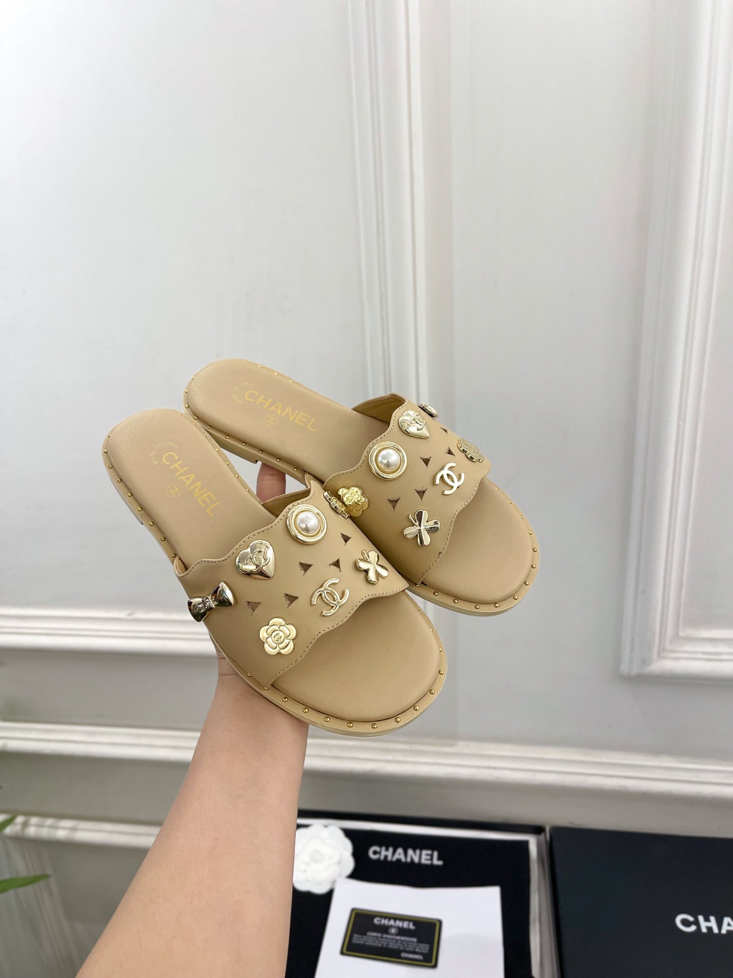 Chanel 26s Flat Sandals Beige Lambskin Charm-Decorated