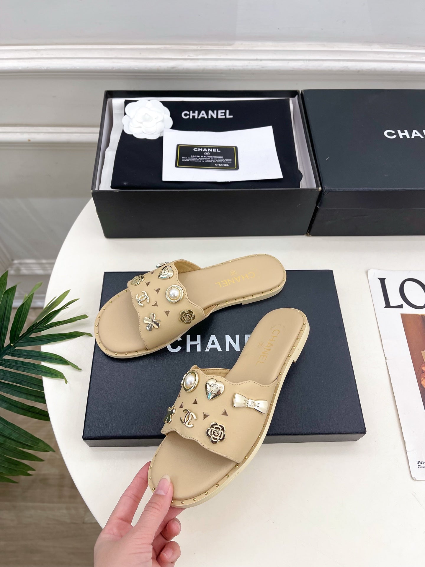 Chanel 26s Flat Sandals Beige Lambskin Charm-Decorated