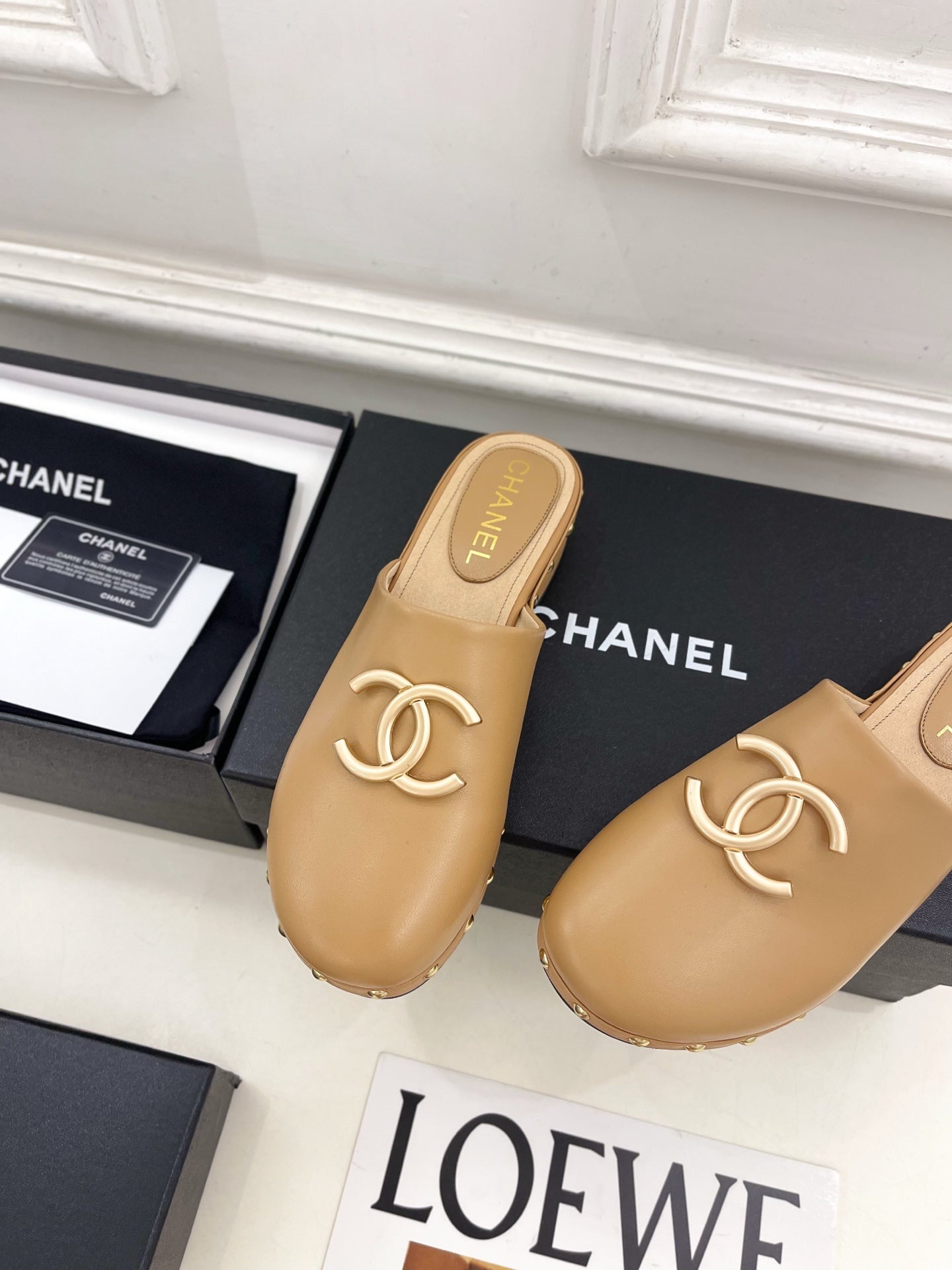 CC 26s Wood Platform Slip-on 3.5cm Light Beige Leather 891747