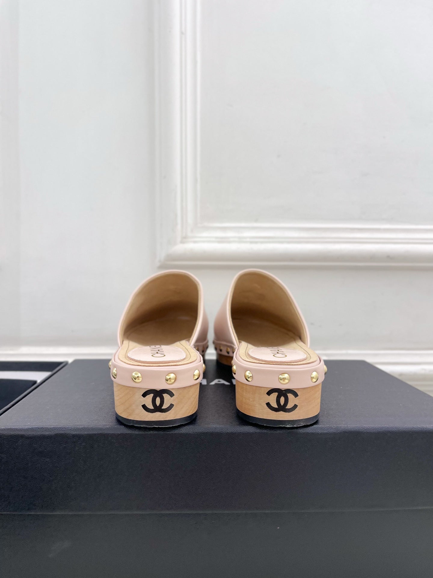 CC 26s Wood Platform Slip-on 3.5cm Light Pink Leather 891748