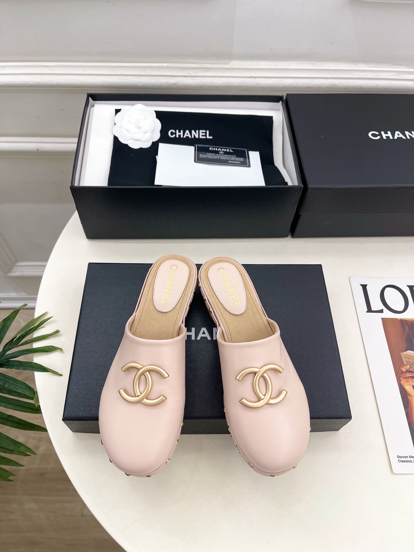 CC 26s Wood Platform Slip-on 3.5cm Light Pink Leather 891748