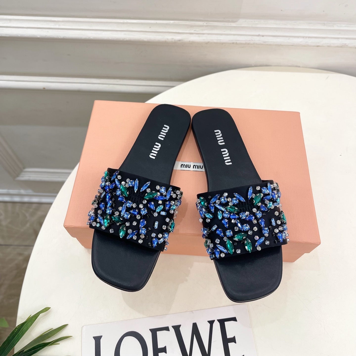Miu 26s Rhinestone Flat Sandals Black Sheepskin Silk 891869