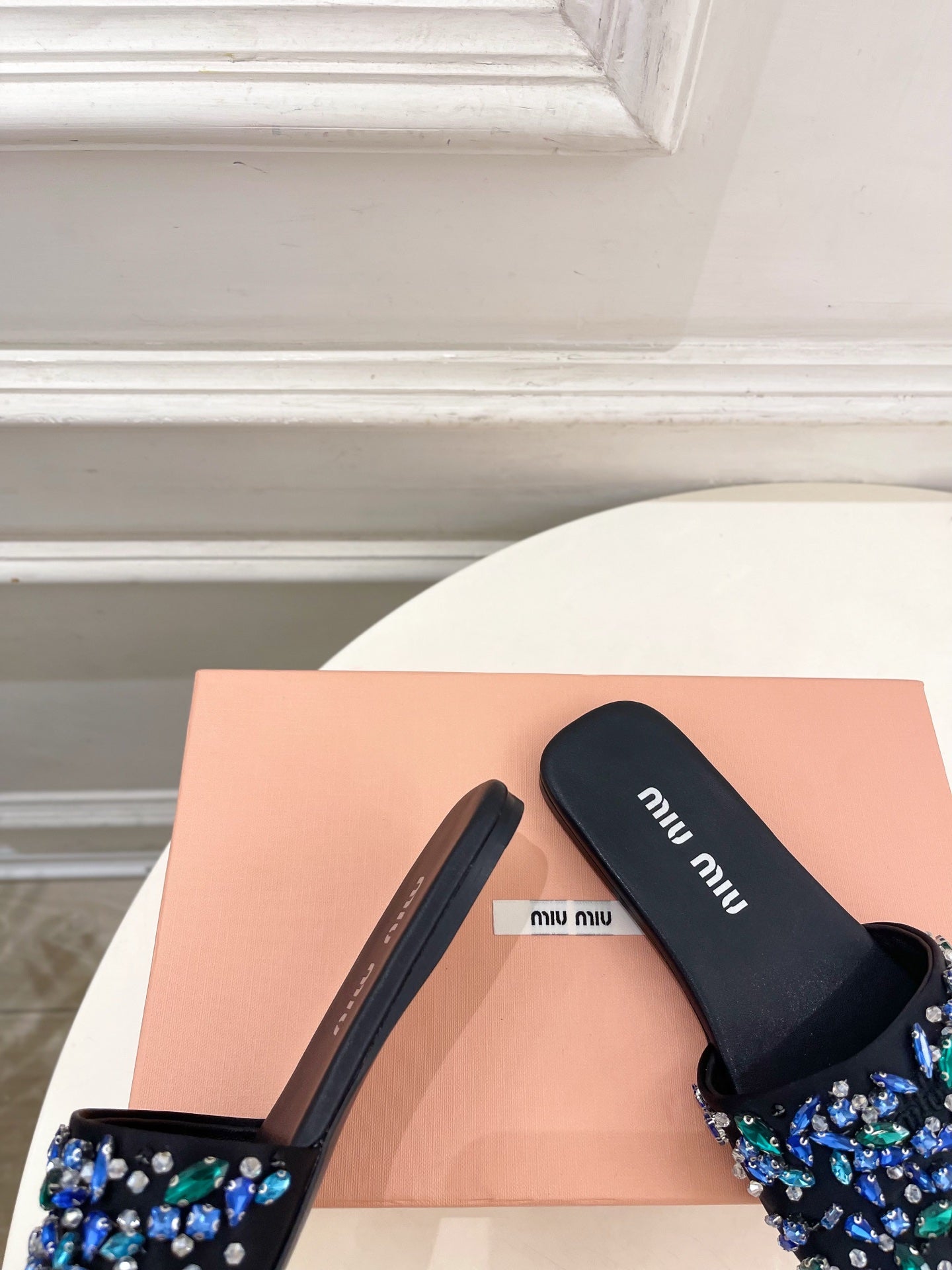 Miu 26s Rhinestone Flat Sandals Black Sheepskin Silk 891869
