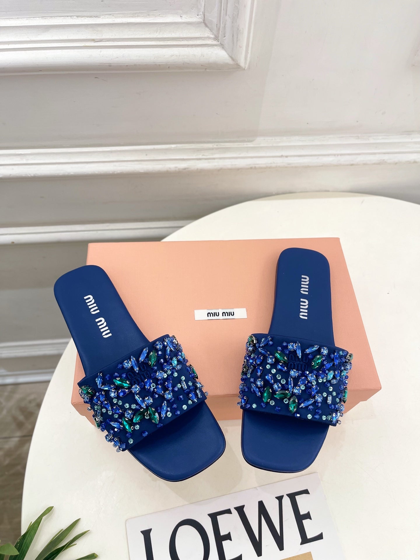 Miu 26s Rhinestone Flat Sandals Dark Blue Sheepskin Silk 891872