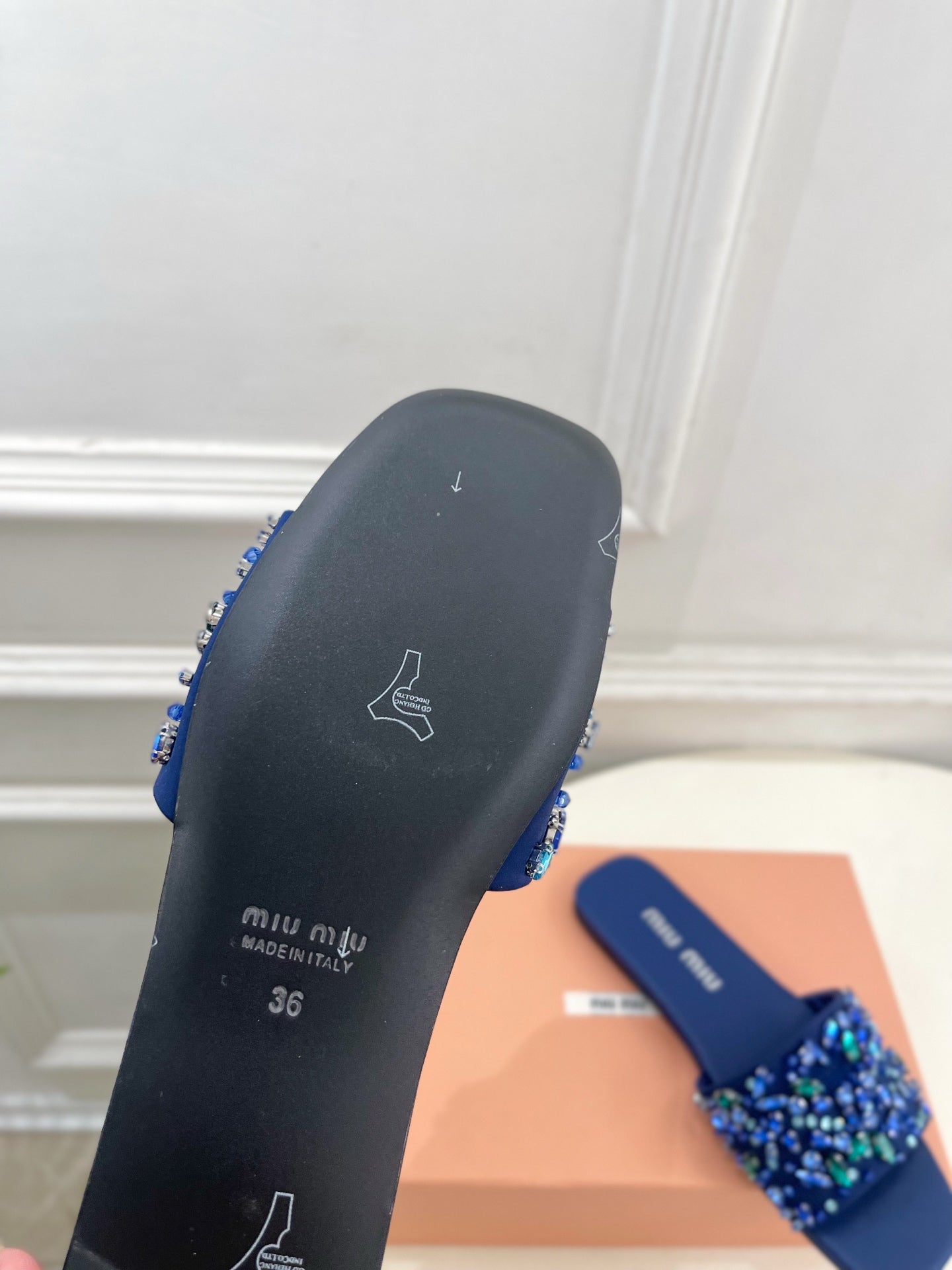 Miu 26s Rhinestone Flat Sandals Dark Blue Sheepskin Silk 891872