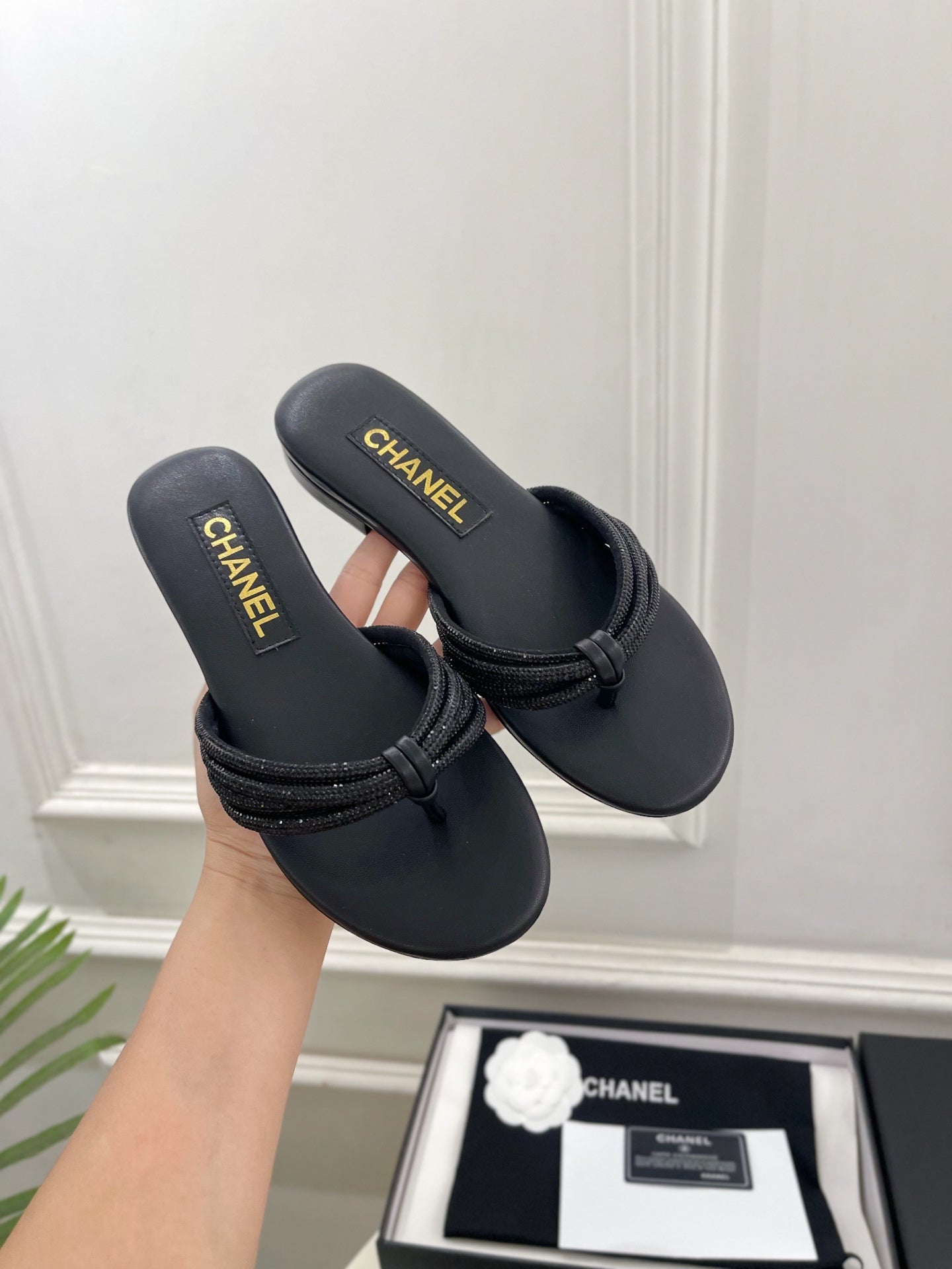 CC 26s Rhinestone Thong Sandals Black Lambskin 947051