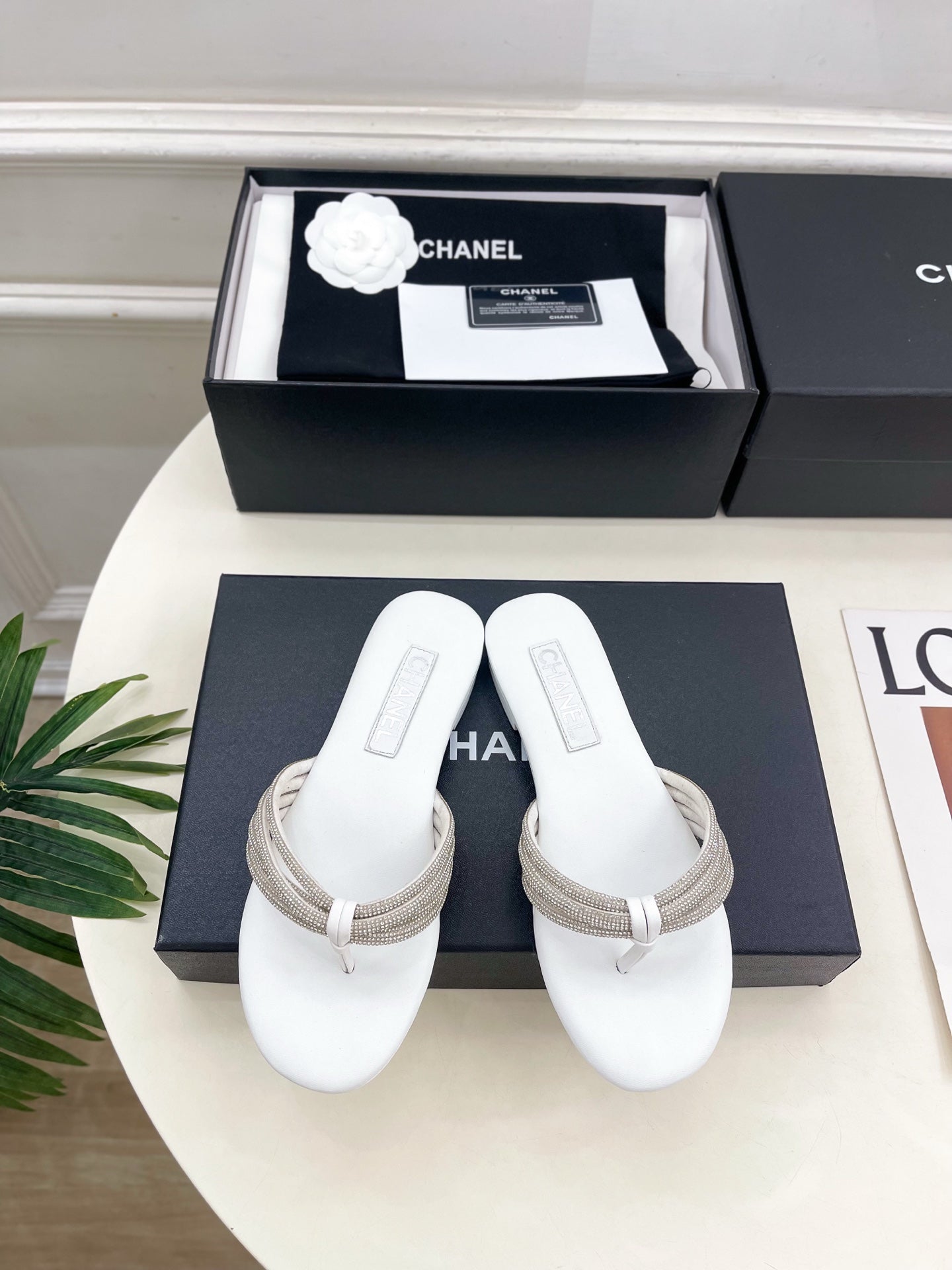 CC 26s Rhinestone Thong Sandals White Lambskin 947052