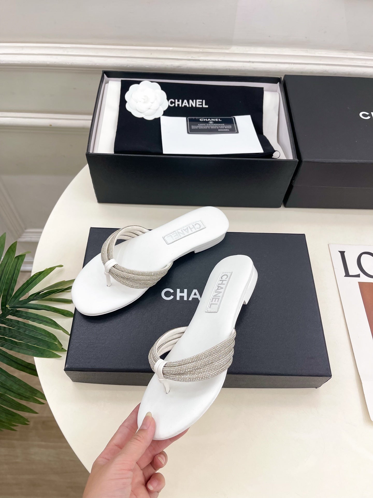 CC 26s Rhinestone Thong Sandals White Lambskin 947052
