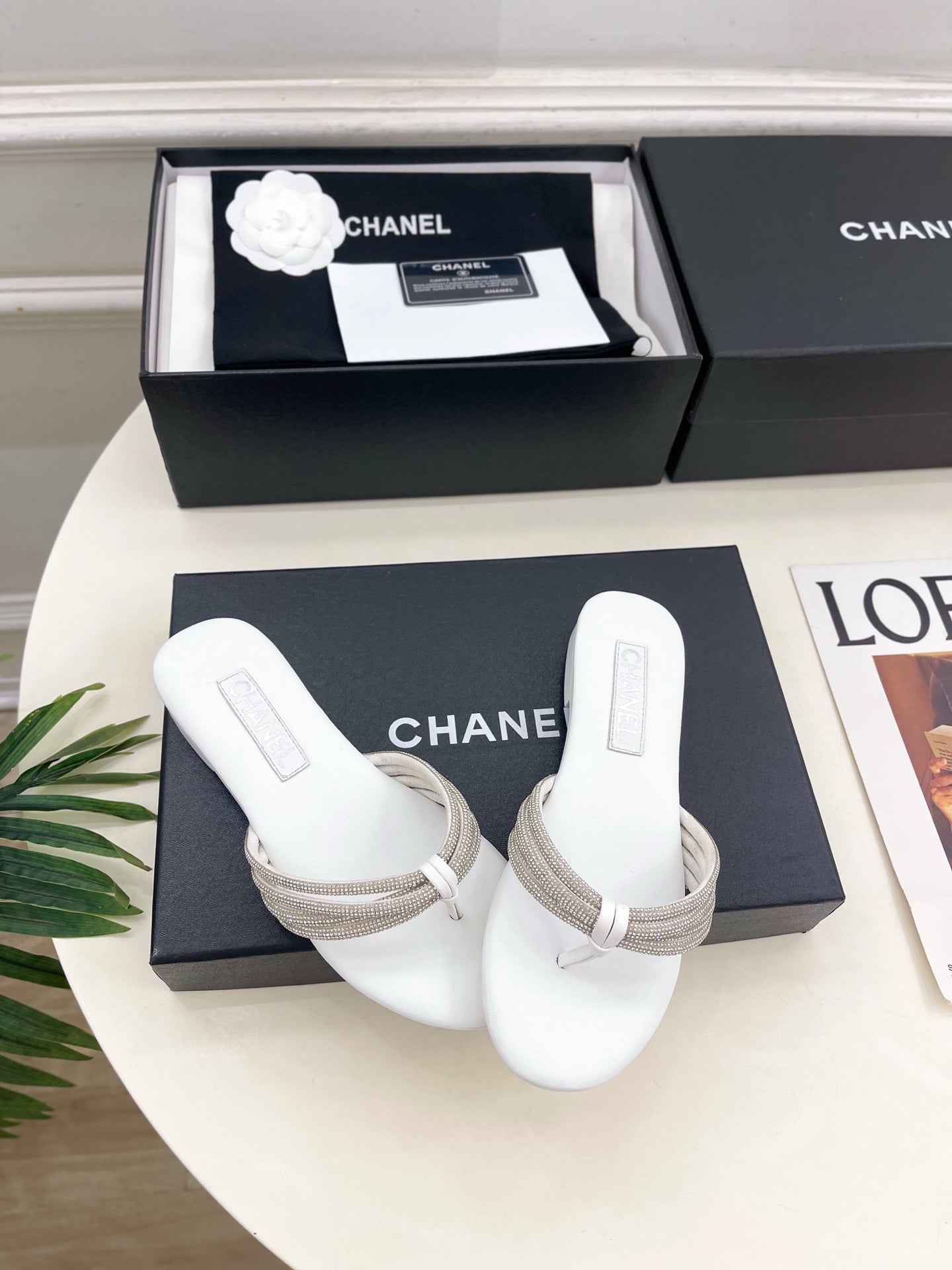 CC 26s Rhinestone Thong Sandals White Lambskin 947052